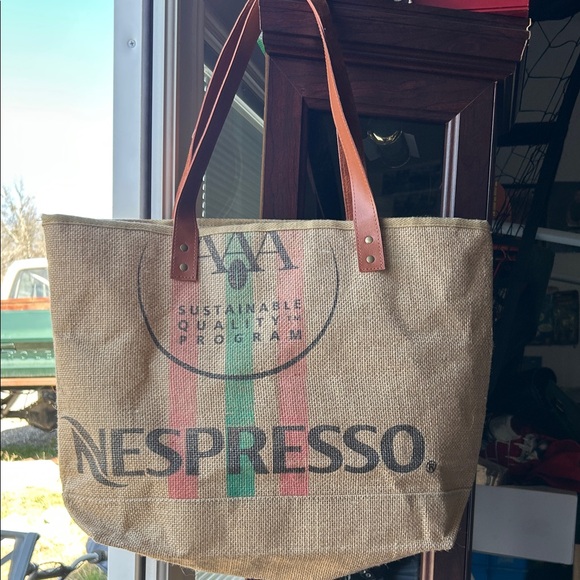 Nespresso Handbags - Nespresso Burlap Tote with Red and Brown Handles